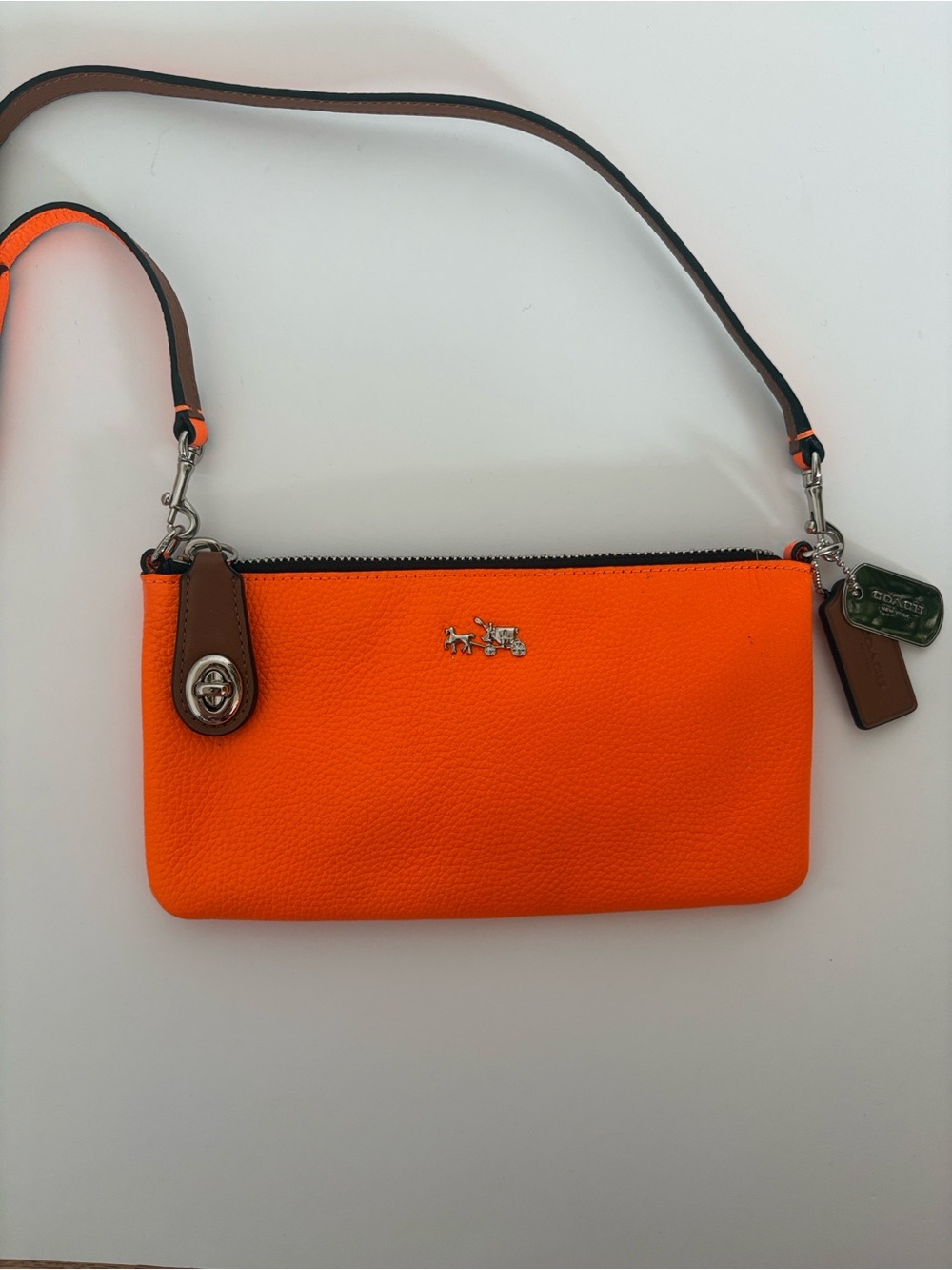 Coach Bright Orange Leather Crossbody Wristlet with Brown Accents